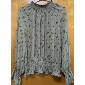 Worthington Womens Smocked Waist Peplum Smocked Mock Neck Keyhole Top Olive Sz L